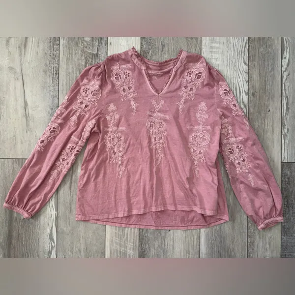Soft Surroundings Cotton Pink Floral Embroidered Eyelet Babydoll Blouse size XL - Image 5