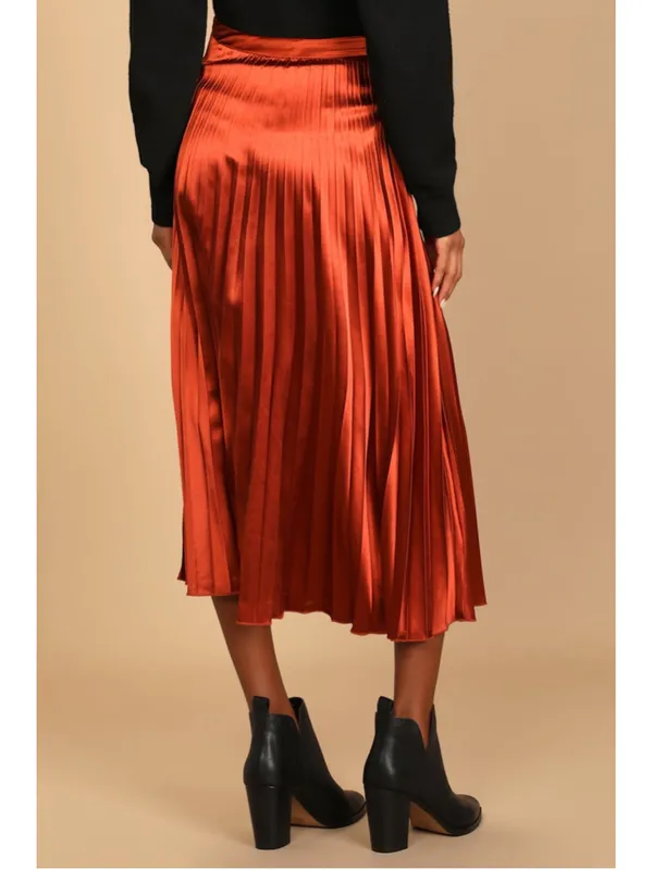 Lulus Fashionable Babe Rust Brown Satin Pleated Midi Skirt - Image 6