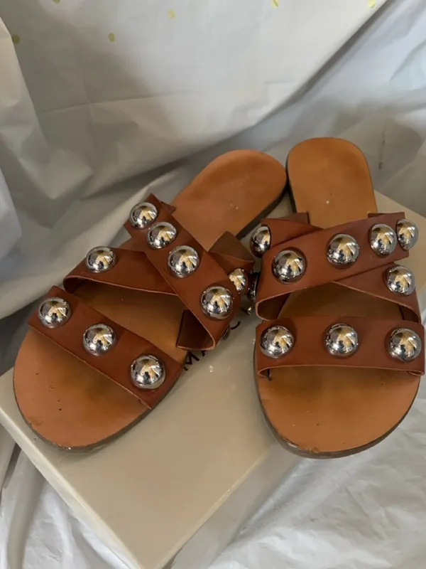 Marc Fisher Carmel Brown Leather Slide Sandals with Silver Stud Accents - Image 3