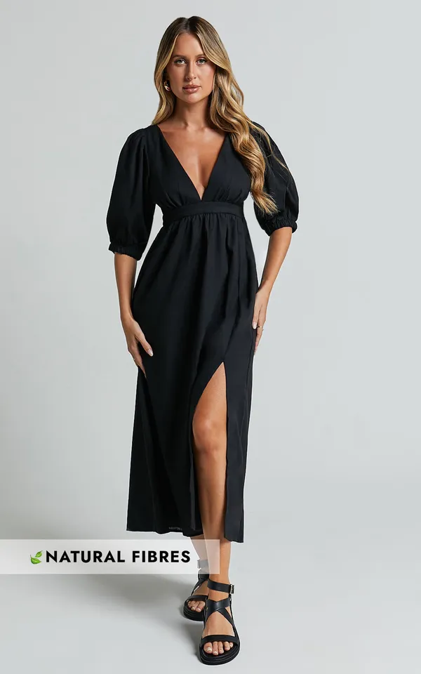 New Showpo Eidie Midi Dress Linen Puff Sleeve Dress Size Small MSRP $89 - Image 2