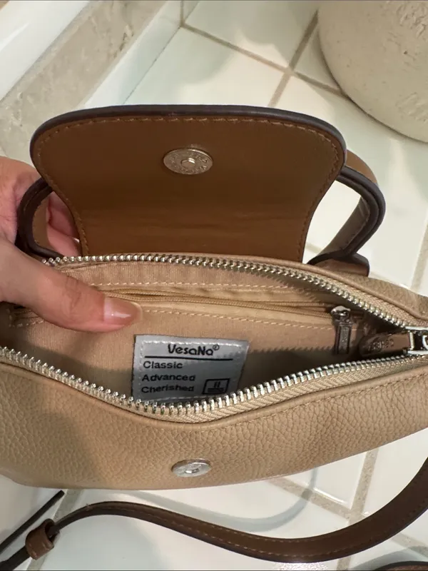 Compact Beige Crossbody with Brown Adjustable Strap Tan - Image 3