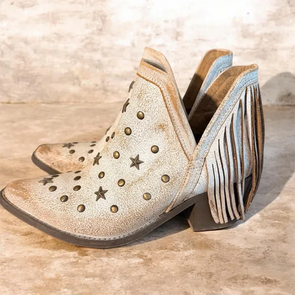 Circle G Women’s White Distressed Leather Studded Fringe Ankle Boots with Star Accents - Image 2