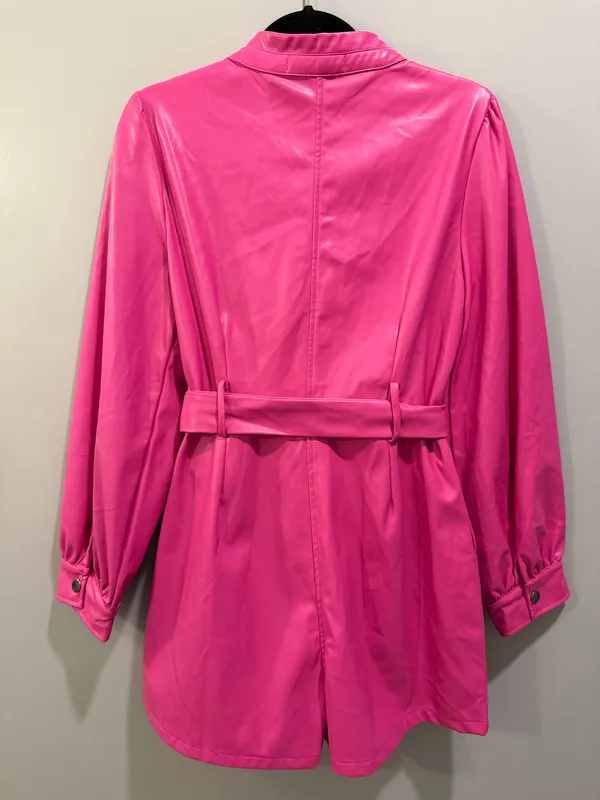 Karlie Faux Leather Long Sleeve Barbie Pink Belt Detail Romper - Image 4