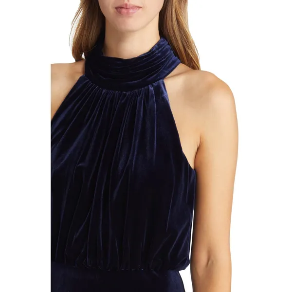 Eliza J Navy‎ Blue Velvet Halter Neck Maxi Gown EJ1M9028 Womens 8 NWT - Image 3