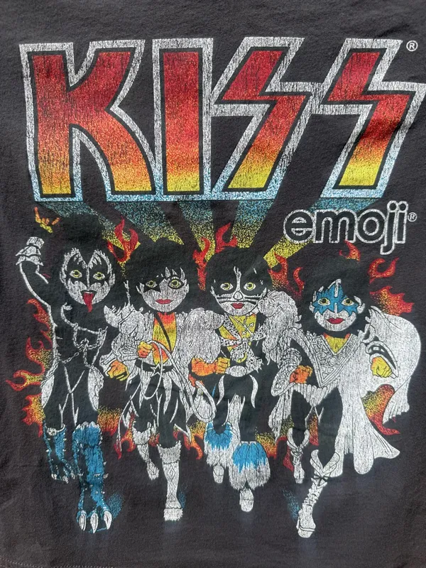 KISS x Emoji Graphic Rock Cropped T-Shirt Size Small Gene Simmons Paul Ace Gray - Image 3