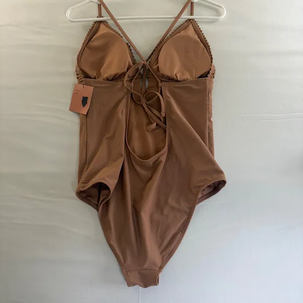 Shade & Shore‎ Women Brown Crochet High Leg Cheeky One Piece Swimsuit Large NEW - Image 6