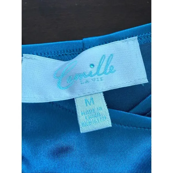 Camille La Vie Brilliant Blue Satin Ruched Cocktail Dress Rhinestone Straps M - Image 8