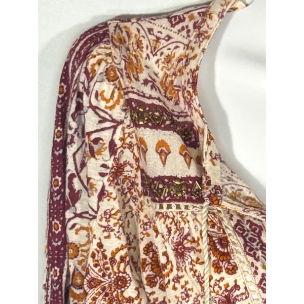 Lucky Brand Womens Boho Floral Paisley Peasant Top Tassel Studded Orange Small‎ - Image 5