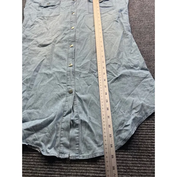 Sleeveless Light Wash Chambray‎ Denim Shirt Dress Snap Front Collared Blue Large - Image 6