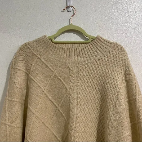 Free People Cream Harbour Stripe Cable knit Poncho Sweater Sz O/S NWT - Image 3