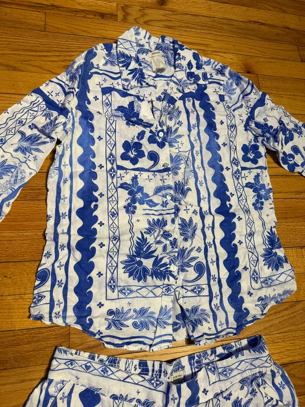 Joie Linen Matching Set Blue/White Floral Two-Piece Pantsuit Coord L/XL coastal - Image 5