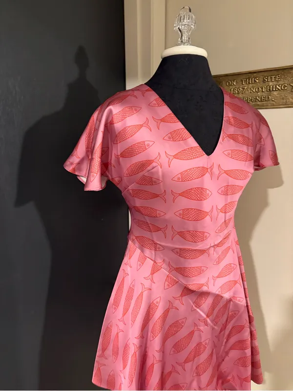 Anthropologie Pink Fish-Print V-Neck Mini Dress in Silky Satin - Image 2