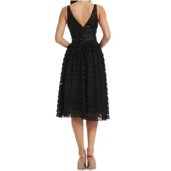 Dress the Population Becca Midi Dress Black Sleeveless Sequin Tiered Small - Image 4