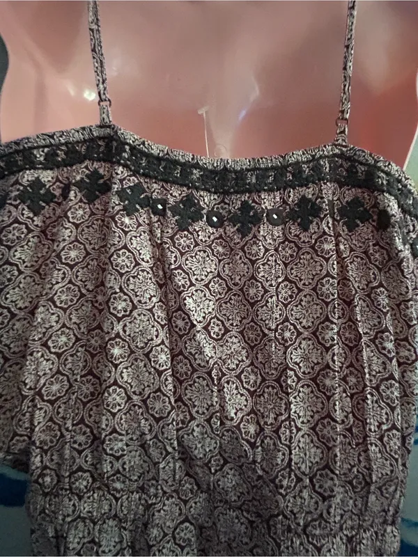 American Eagle Boho Lace-Up Tassel Romper in Cream & Burgundy SM NWOT - Image 12