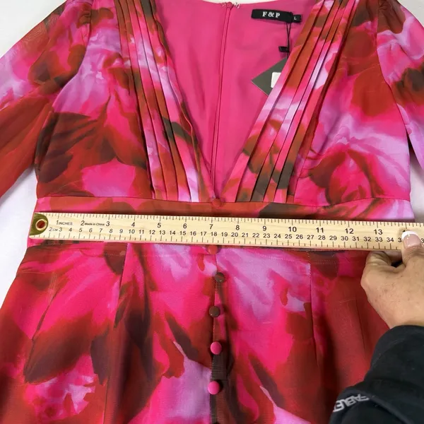 F&P Pink Floral‎ Midi Dress Women's Large NWT Long Sleeve V-Neck - Image 9