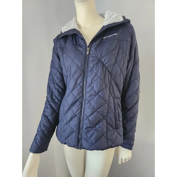 Columbia Copper‎ Crest Jacket SMALL quilted Soft Faux Fur Lined Hooded Navy Blue - Image 15