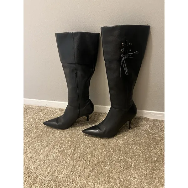 matisse boots 8.5 Knee High Corset Detail Pointy Toe Zipper Closure Blk Leather - Image 5