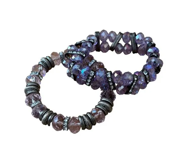 Pair of Pink and Purple Crystal Stretch Bracelets - Image 2