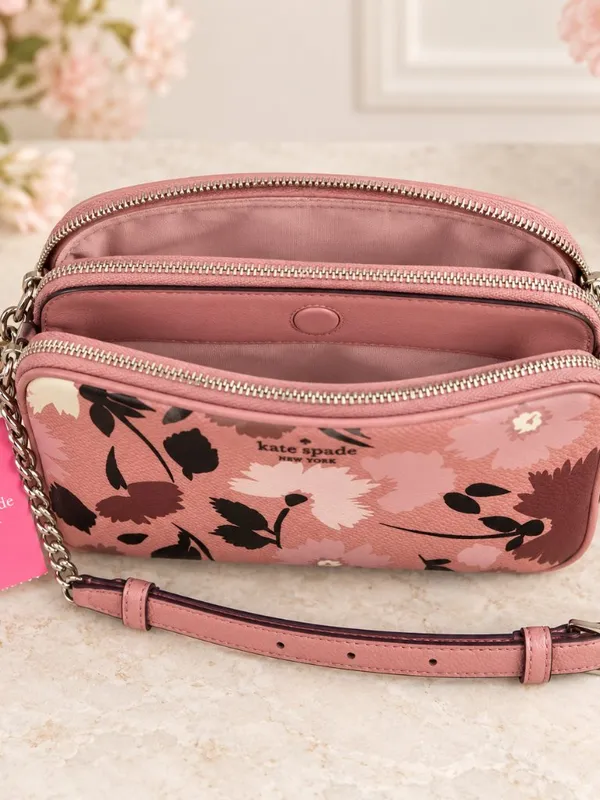 Kate Spade Floral Pebbled Leather Crossbody Pink Center Divider NWT - Image 3