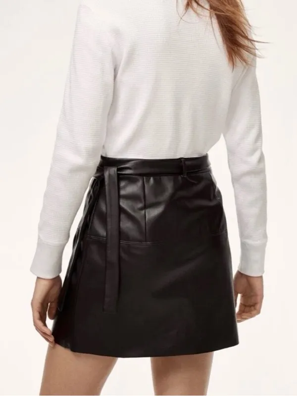 Aritzia Wilfred Free Black vegan Leather Mini Wrap Skirt size XS tie side Preppy - Image 2