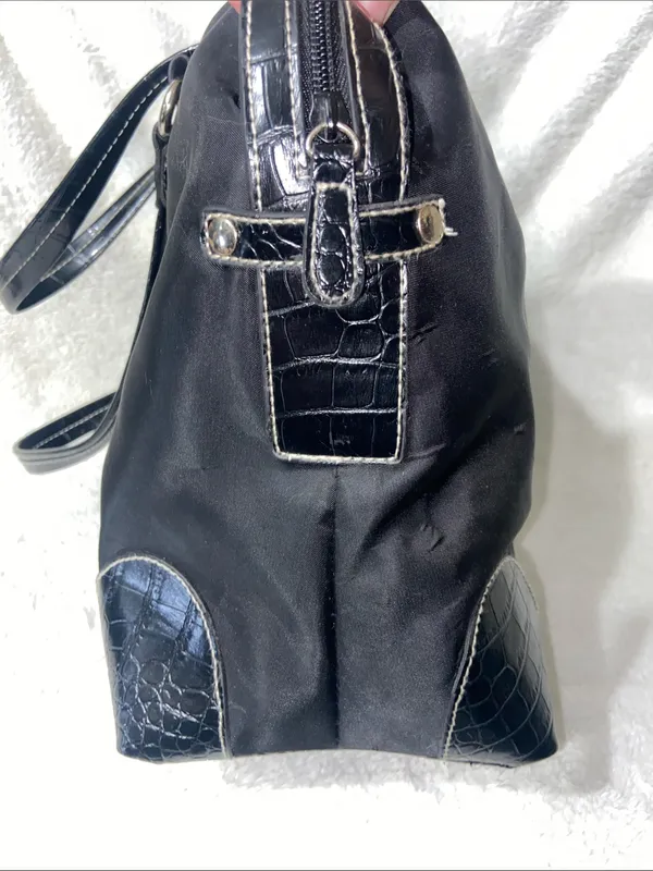 Black Nylon Tote Bag with Croc-Textured Trim - Image 5