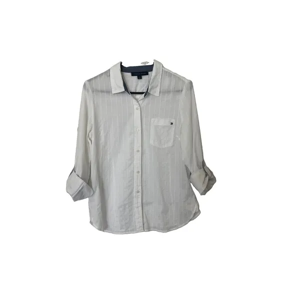 Tommy Hilfiger Women Shirt M White 100% Cotton Roll Tab Long Sleeves - Image 2