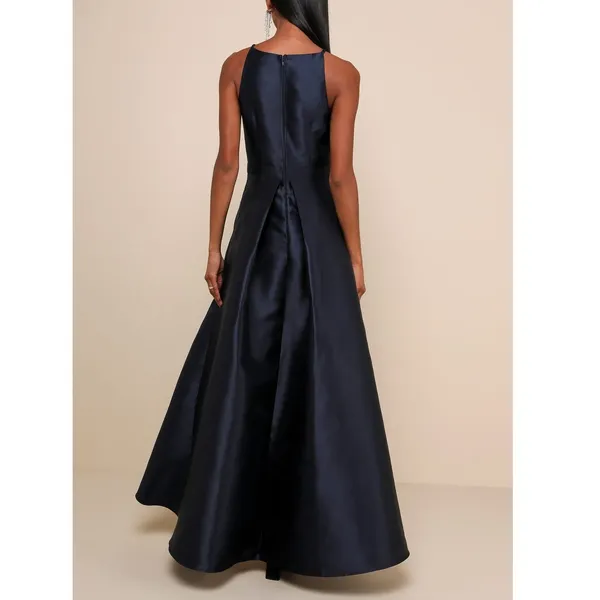 NEW Lulus Broadway Show Navy Blue High-Low Taffeta Pleated Gown Dress Medium - Image 4