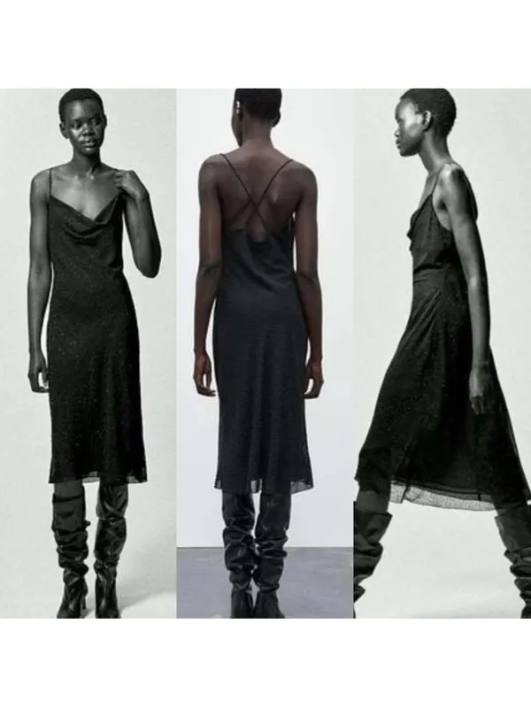 Zara Black Cowl-Neck Slip Midi Dress - Image 2