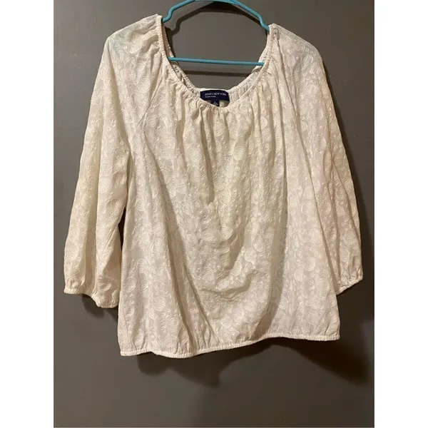 Jones New York White Lace Scoop Neck Elastic Waist Long Sleeve Size Large - Image 2