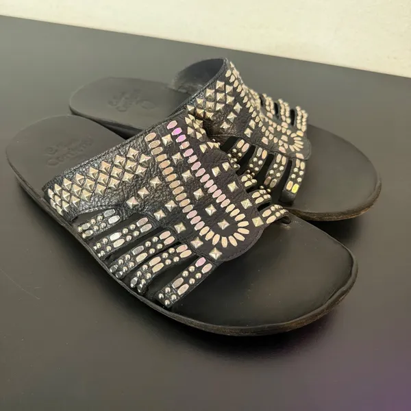 Colleen Cordero Silver Studded Slide Sandals Womens 9 Black Leather Slip On Flat - Image 8