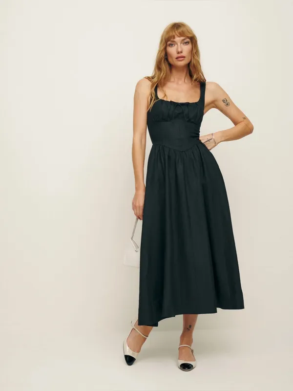Reformation Balia Linen Midi Dress Black Corset NEW - Image 2