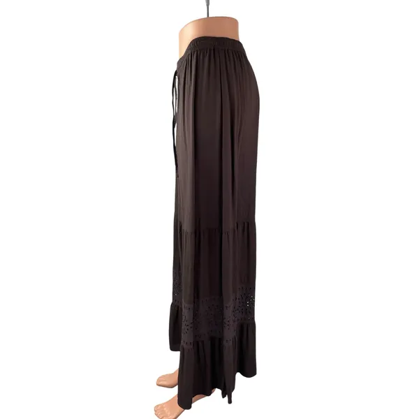 Bass Women's Brown Floral Eyelet Tiered Ruffled Flowy Boho Maxi A-Line Skirt M - Image 4