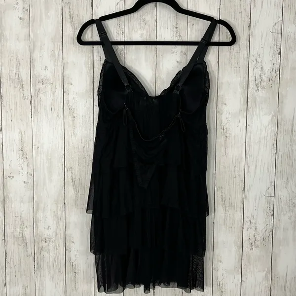 Enchanted Black Ruffle Sequin Baby Doll Lingerie Matching Thong Medium - Image 3