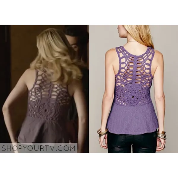 Free People Floral Cotton Purple Sleeveless Round Crochet Peplum Tank Top Size S - Image 5