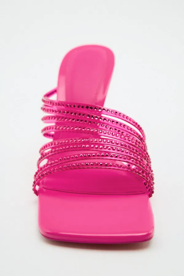 ZARA Hot Pink Rhinestone Embellished Vinyl Sequin Strappy Open Square Toe High Heels Sandals Mules - Image 11