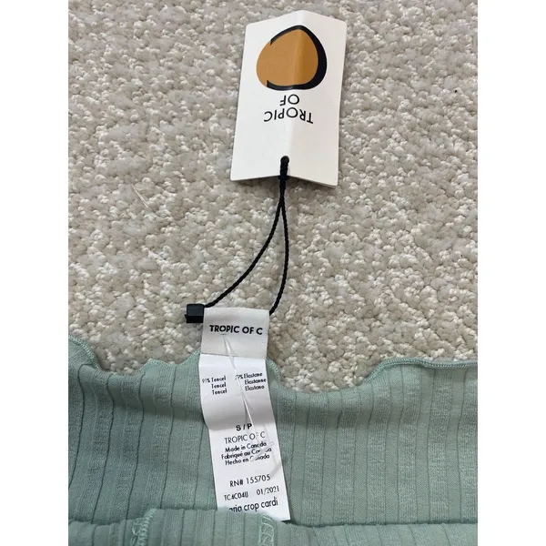 Ribbed Off-Shoulder Button Crop Top in Sage Green Size S Shell 91% Tencel - Image 6
