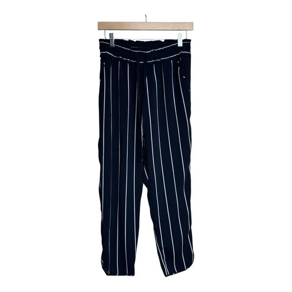 Zara Woman Striped Cropped Pants‎ M Navy Blue White Drawstring Elastic Waist - Image 2