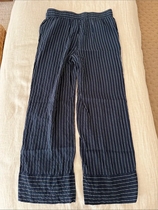 Ganni Silk Navy Blue Pinstripe Wide-Leg Pants - Image 6