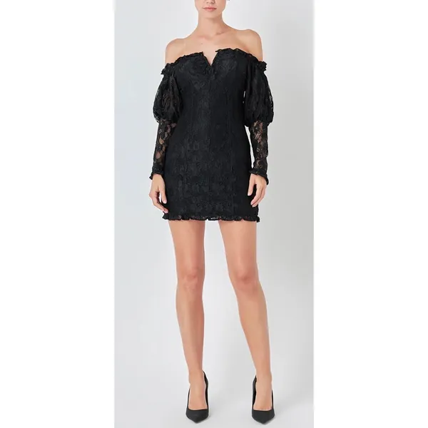 Endless Rose Off The Shoulder‎ Dress Size Medium Black Lace Fitted Long Sleeve - Image 2