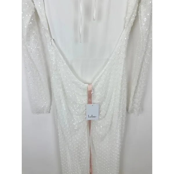 Lulus Mariani White Sequin Beaded Backless Long Sleeve Maxi Dress Medium NWT - Image 11