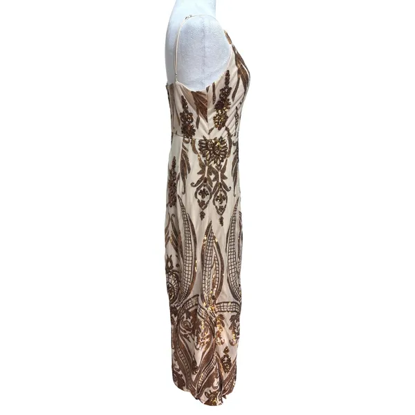 Windsor Sequin Maxi Dress Gold Bronze Damask Formal Prom Gown Art Deco Glam L - Image 5