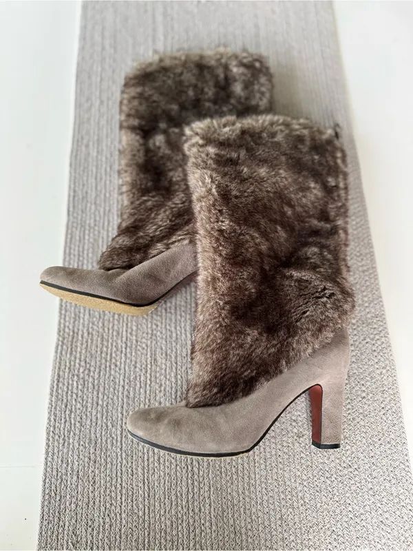 Sam Edelman Shalin Gray Genuine Suede Leather Faux Fur Tall Heeled Boots Sz 9 - Image 4