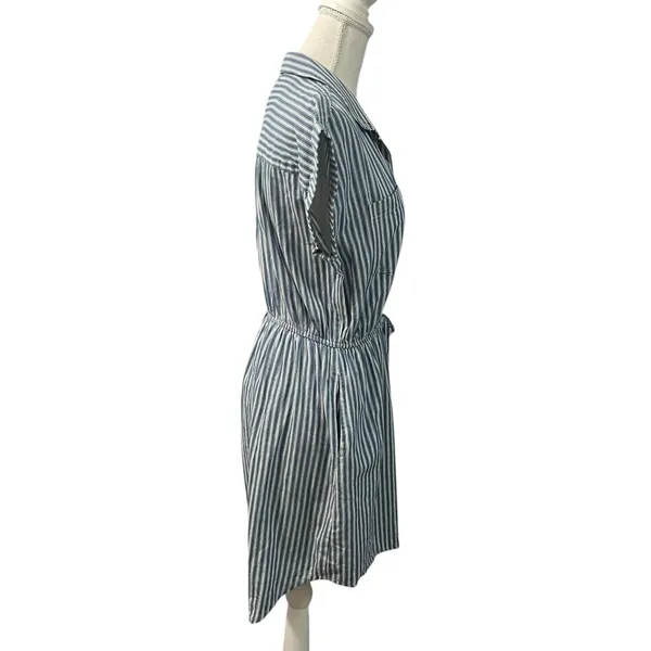Japna 100% Cotton Blue White Striped Elastic Waist Mini Dress Pockets Medium - Image 5