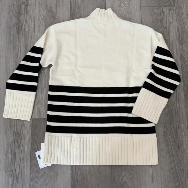 Commense Miss Paris Cozy Soft Mock Neck Stripe Sweater Minimalist Cream Black S - Image 3