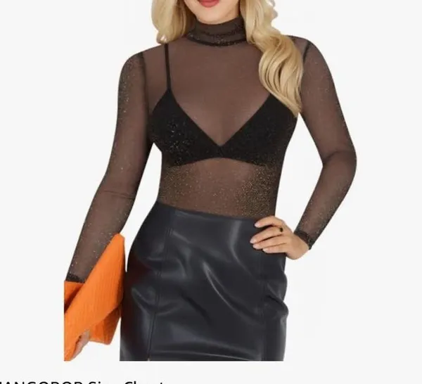 MANGOPOP NEW Mesh Tops Long Sleeve Glitter Sheer Stretchy Sparkly Shirt XS - Image 3
