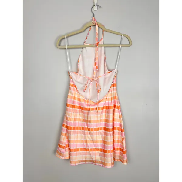 Nia Pink Multi Plaid Satin Mini Backless Slip Dress Large NWT Spring Coquette - Image 10