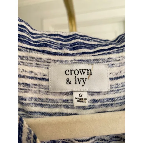 Crown And Ivy Linen Mini Dress Blue White Striped Tassel Quiet Luxury Old‎ Money - Image 4