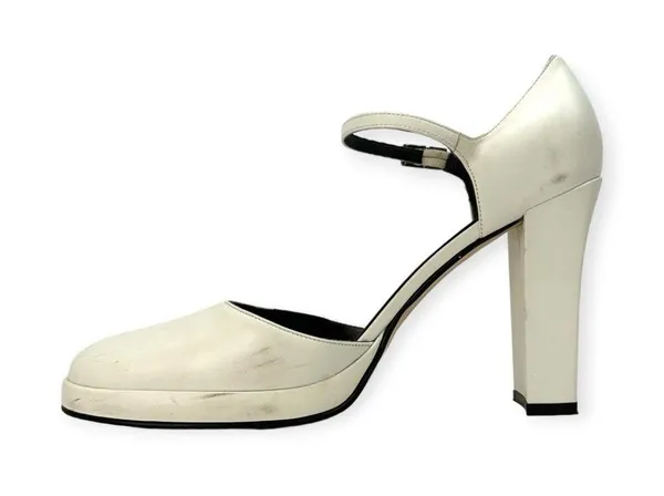 Andrea Coleccion | Size 8 | White Leather Round Toe Chunky 4 Inch High Heel Pump - Image 7