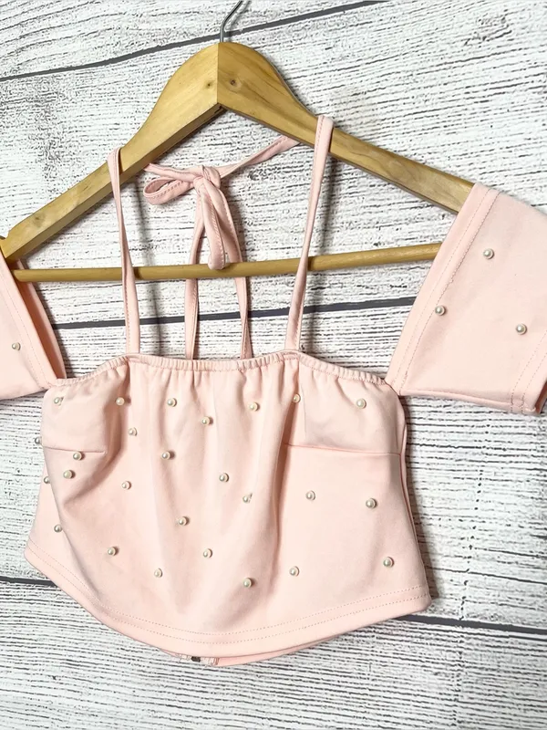Pink Pearl Two-Piece Set Embellished Off Shoulder Crop Top & Shorts Size Small - Image 5