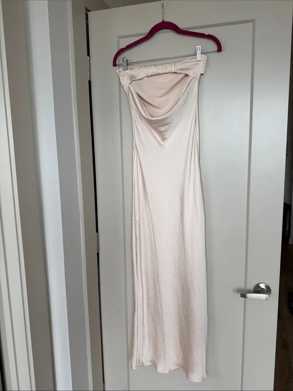 Champagne Strapless Satin Silk Backless Dress, Size XS - Image 4